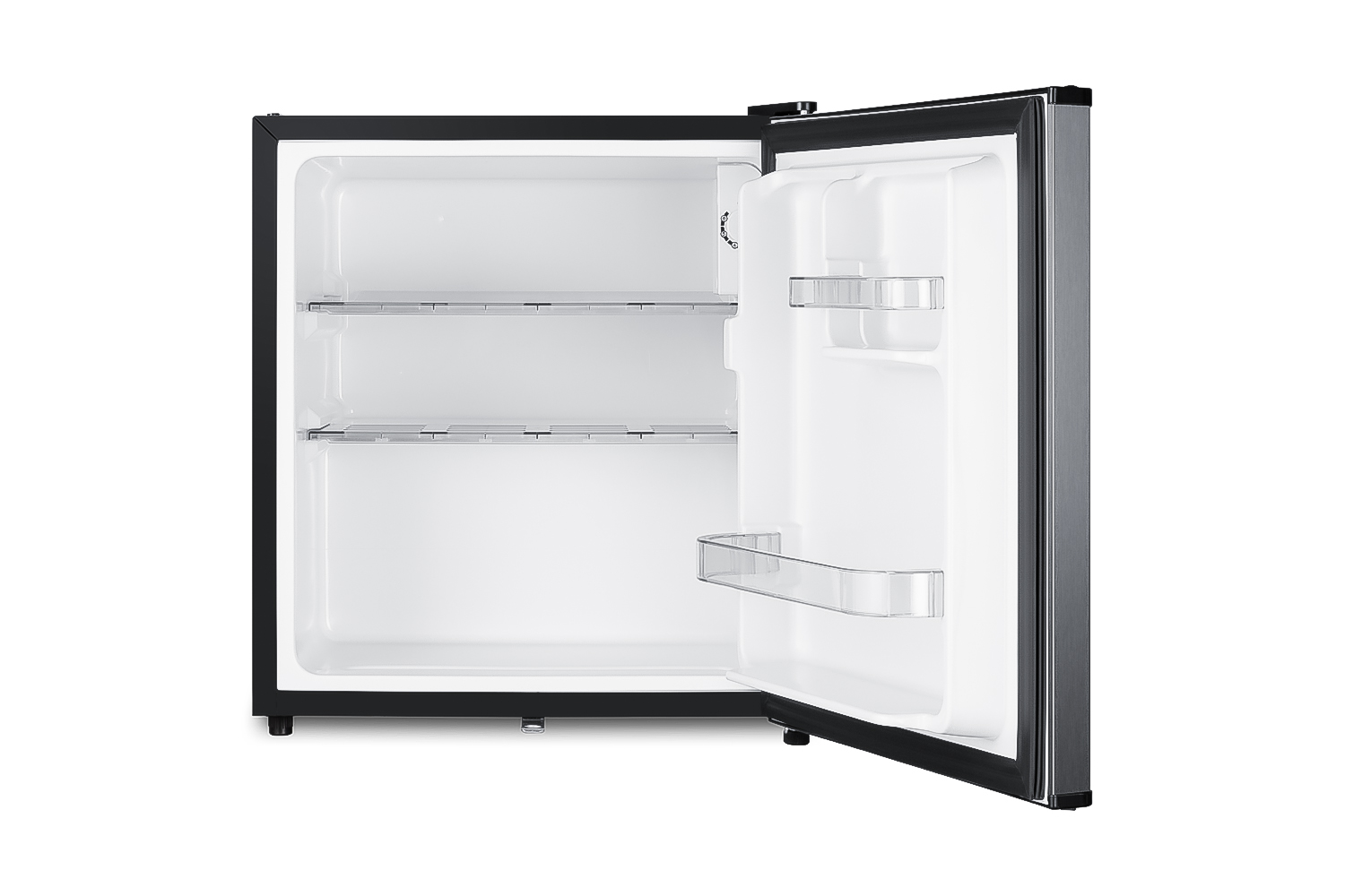 Compact minibar with reversible stainless steel door, front lock, and black cabinet